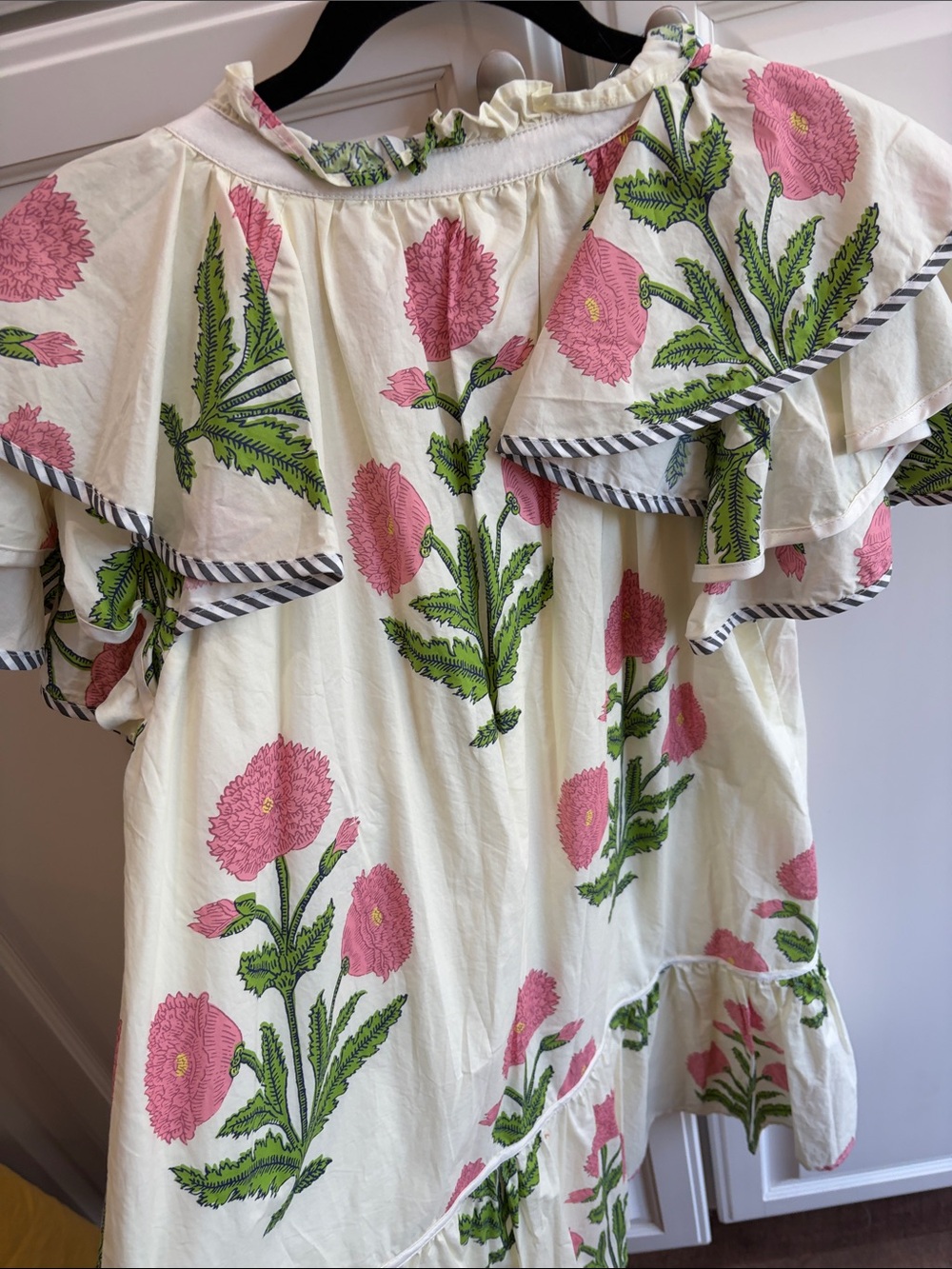 Umgee Cream Mini Dress with Pink Floral Print and Green Leaves - Picture 6 of 7